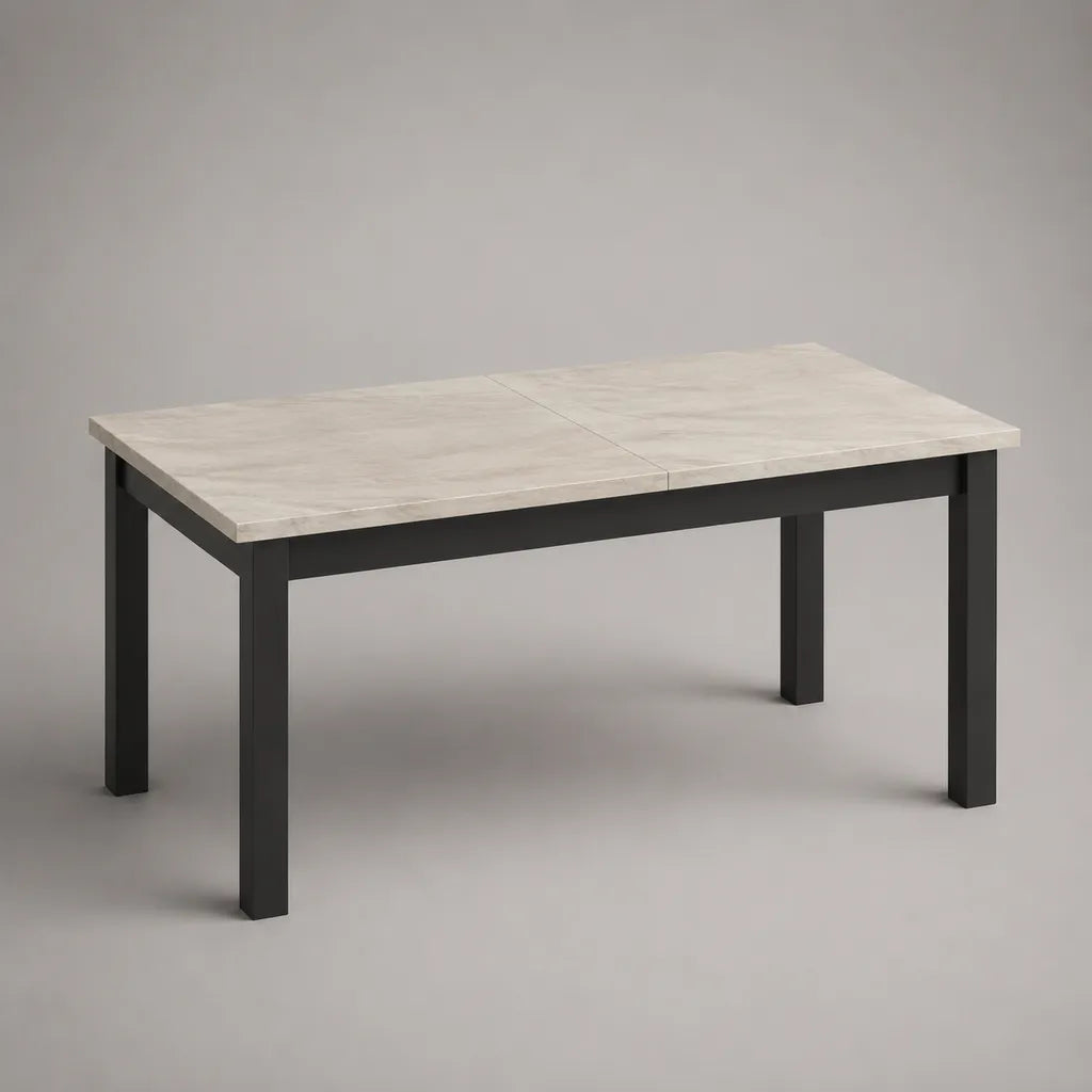 Ausziehbarer rechteckiger Esstisch mit MDF-Tischplatte in Marmoroptik und Stahlgestell, Weiß-Grau/Schwarz, 120–160 × 80 × 75 cm