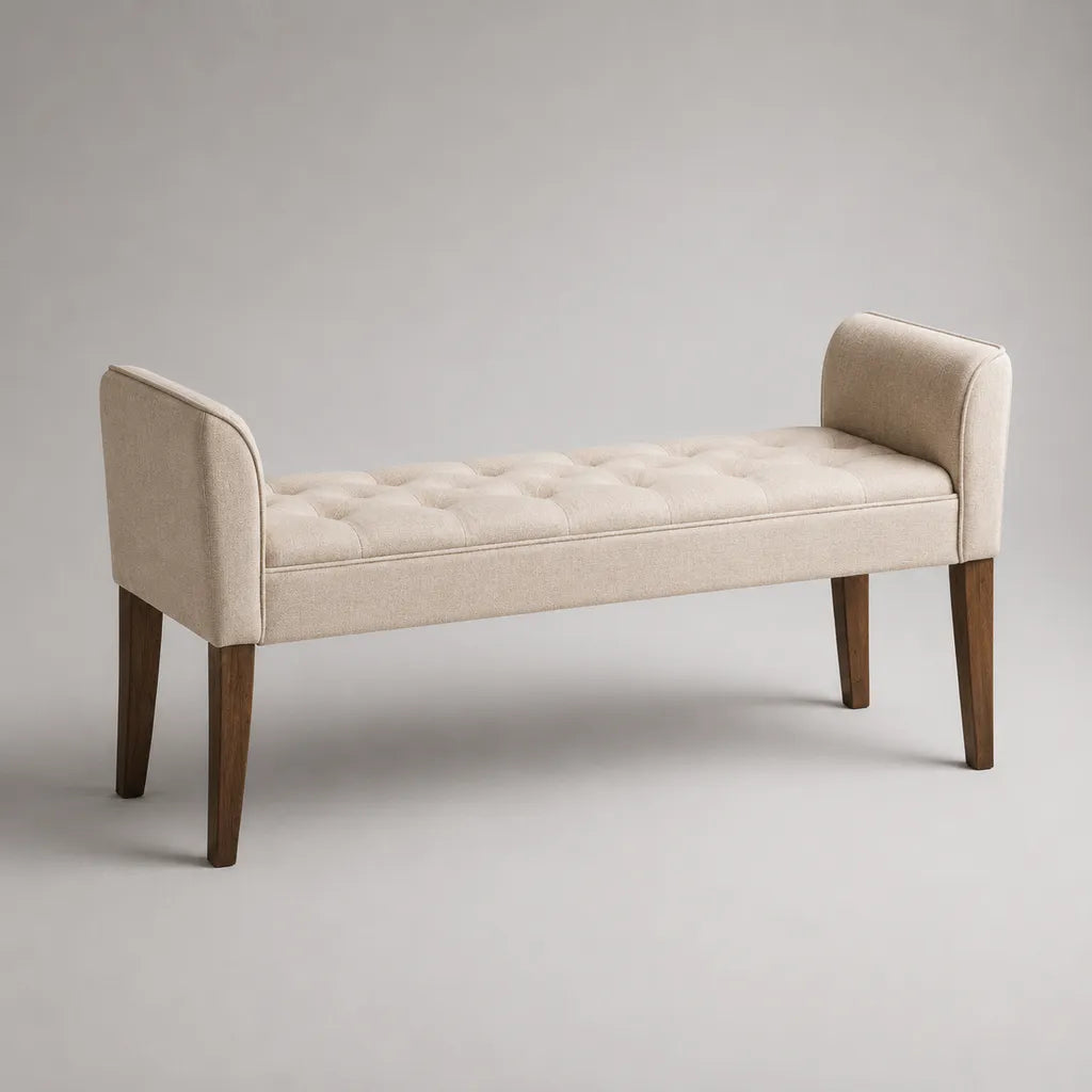 Gepolsterte Bettbank mit Polyesterbezug und Massivholzbeinen, Beige/Dunkelbraun, 140 × 45 × 67 cm