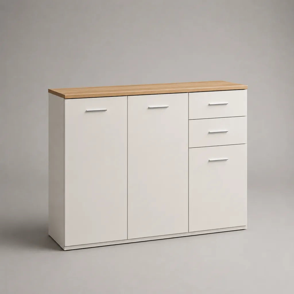 Sideboard aus Spanplatte mit 2 Türen und 3 Schubladen, Weiß/Eichefarben, 120 × 40 × 85 cm