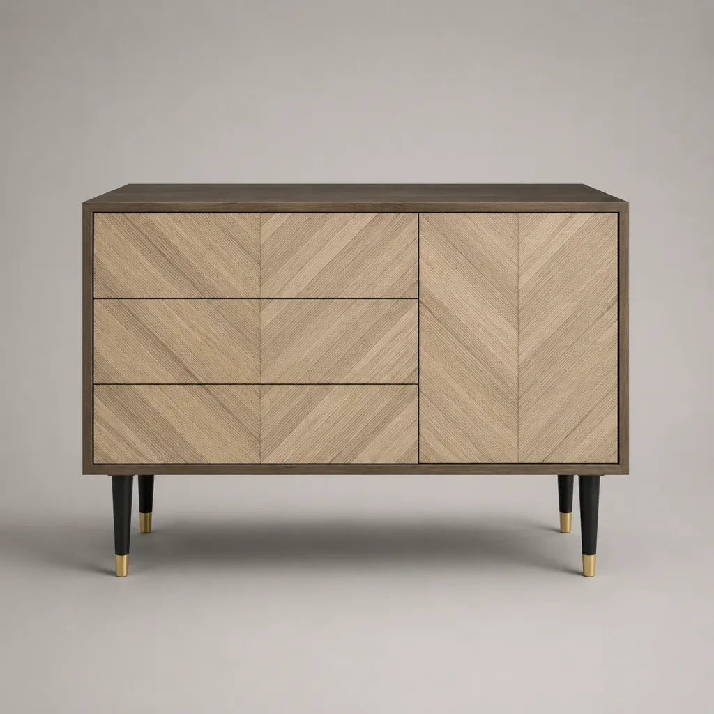 Sideboard aus MDF mit Eichenfurnier, 3 Schubladen und 1 Tür, Stahlfüße, Natur/Espresso/Schwarz/Messingfarben, 120 × 40 × 85 cm