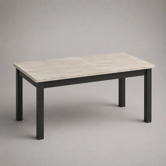 Ausziehbarer rechteckiger Esstisch mit MDF-Tischplatte in Marmoroptik und Stahlgestell, Weiß-Grau/Schwarz, 120–160 × 80 × 75 cm
