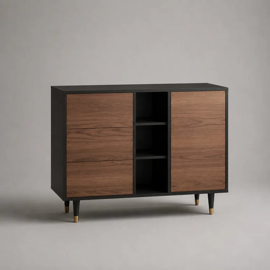 Sideboard aus MDF und Spanplatte mit 3 Schubladen, 1 Tür und 3 offenen Fächern, Walnussbraun und Schwarz, 120 × 40 × 90 cm