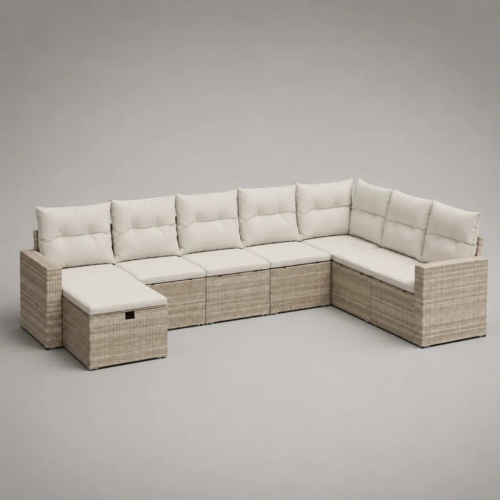 Garten-Ecksofa 7-Sitzer aus PE-Rattan mit Stauraumhocker, L-Form, Beige/Creme, ca. 290 × 220 × 73 cm
