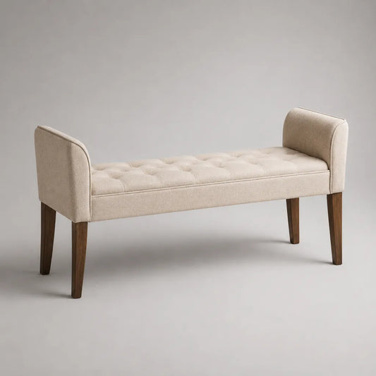 Gepolsterte Bettbank mit Polyesterbezug und Massivholzbeinen, Beige/Dunkelbraun, 140 × 45 × 67 cm