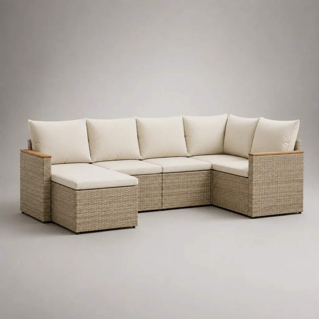 5-teiliges Garten-Lounge-Set, Garten-Ecksofa mit Ottomane aus PE-Rattan und Stahl, Beige, Creme und Naturbraun, 274 x 145 x 78 cm