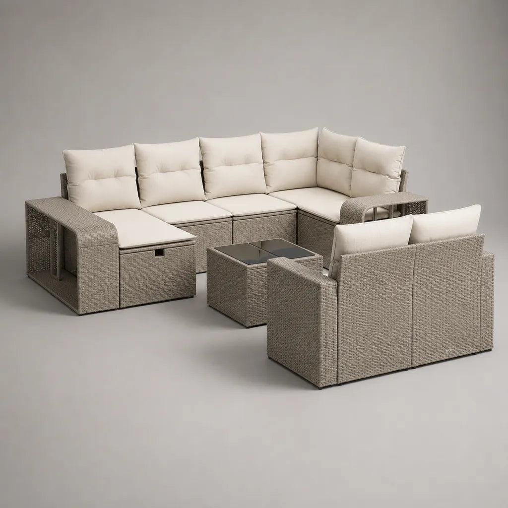 Gartensofa-Set für 7 Personen aus PE-Rattan und Stahl, L-Ecksofa 245 x 190 x 85 cm, Zweiersofa und Tisch, Greige/Creme/Schwarz