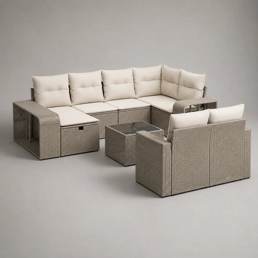 Gartensofa-Set für 7 Personen aus PE-Rattan und Stahl, L-Ecksofa 245 x 190 x 85 cm, Zweiersofa und Tisch, Greige/Creme/Schwarz