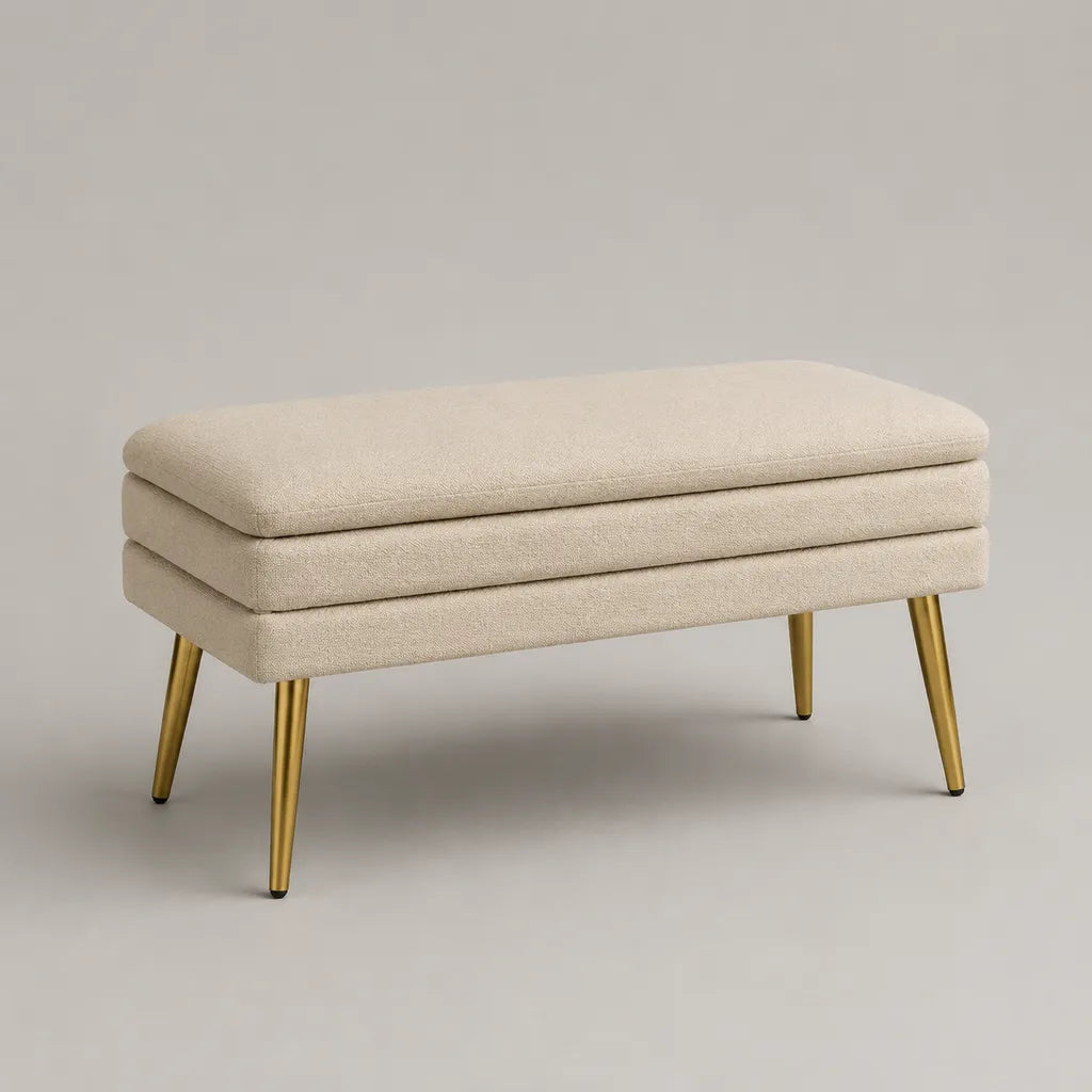 Gepolsterte Bettbank mit Stoffbezug und Metallbeinen, Creme/Goldfarben, 100 × 40 × 48 cm