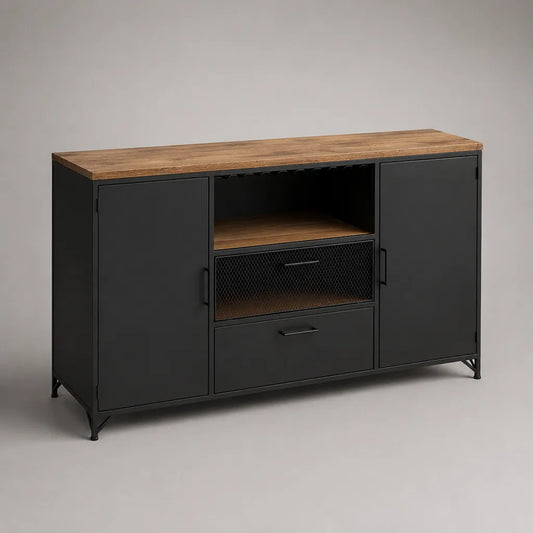 Sideboard aus pulverbeschichtetem Stahl und massivem Mangoholz mit 2 Türen, 2 Schubladen und offenem Fach, Schwarz/Braun, 120 × 40 × 80 cm