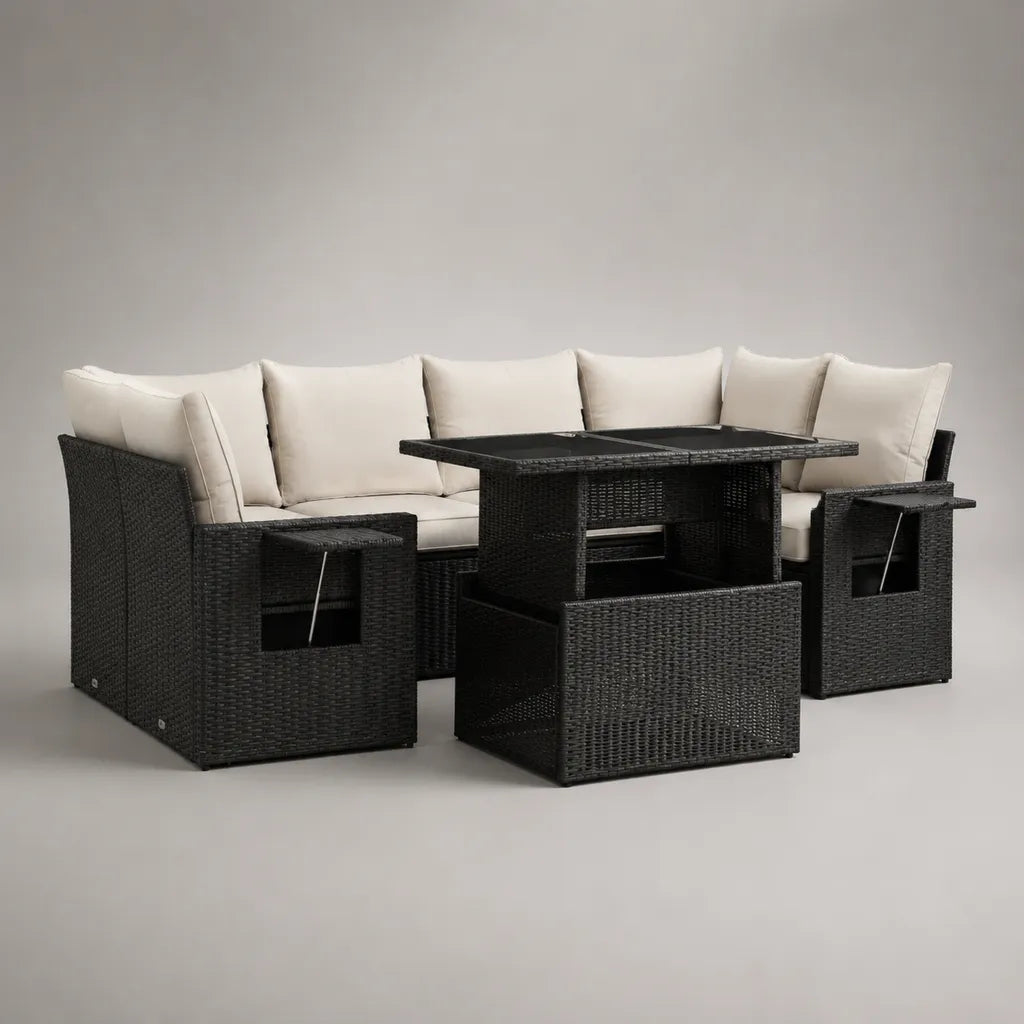 5-teiliges Gartensofa-Set, 7-Sitzer aus PE-Rattan und Stahl mit Esstisch und Sitzbank, Schwarz/Cremeweiß, ca. 250 × 180 × 85 cm