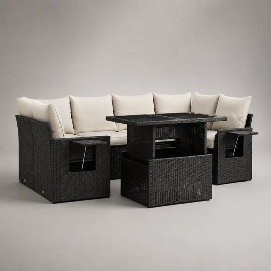 5-teiliges Gartensofa-Set, 7-Sitzer aus PE-Rattan und Stahl mit Esstisch und Sitzbank, Schwarz/Cremeweiß, ca. 250 × 180 × 85 cm