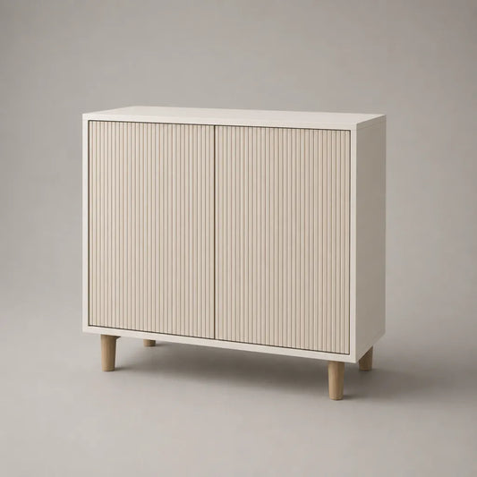 Sideboard mit 2 Lamellen-Schiebetüren aus MDF, Spanplatte und Kautschukholz, Weiß/Natur, 100 × 40 × 90 cm
