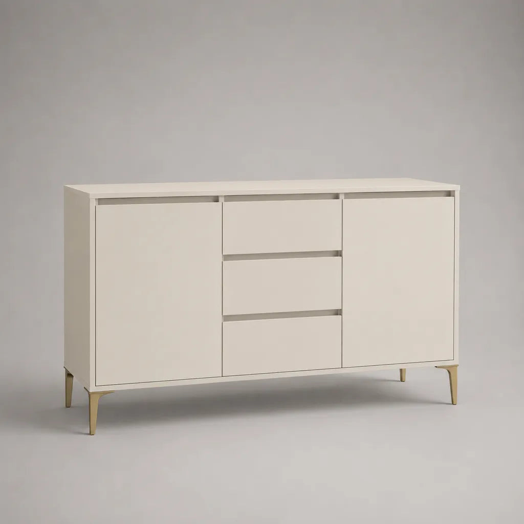 Sideboard aus MDF mit 2 Türen und 3 Schubladen, Weiß/Gold, 140 × 40 × 85 cm