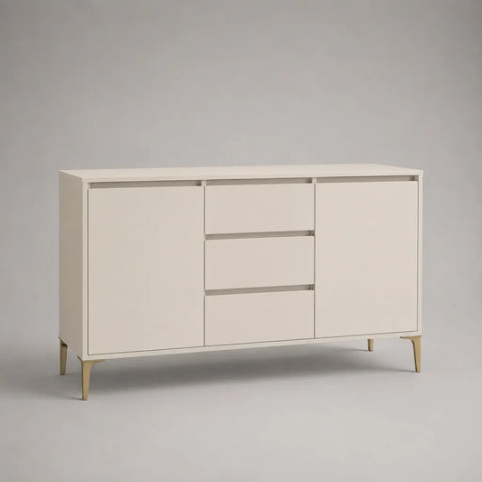 Sideboard aus MDF mit 2 Türen und 3 Schubladen, Weiß/Gold, 140 × 40 × 85 cm