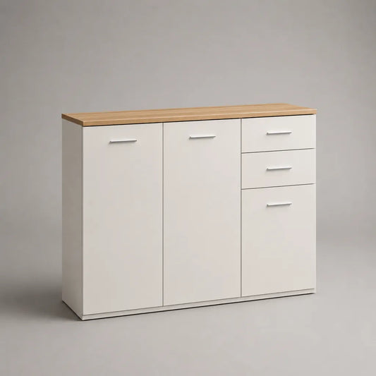 Sideboard aus Spanplatte mit 2 Türen und 3 Schubladen, Weiß/Eichefarben, 120 × 40 × 85 cm