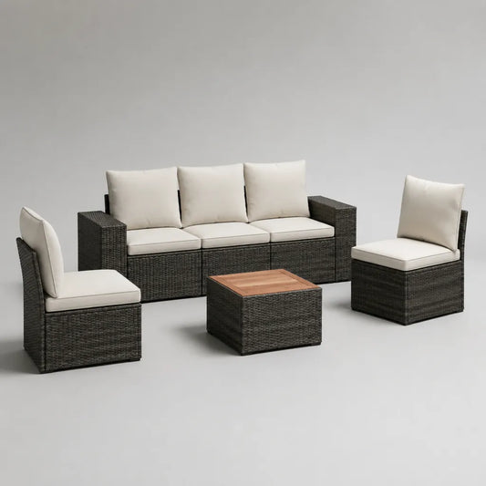 4-teiliges Gartensofa-Set aus PE-Rattan mit 3-Sitzer-Sofa, 2 Sesseln und Tisch, Anthrazit/Beige, Sofa 190 x 70 x 72 cm