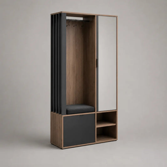 Garderobenschrank mit Spiegel und Sitzbank aus melaminharzbeschichteter Spanplatte, Walnussbraun/Schwarz, 100 x 40 x 190 cm