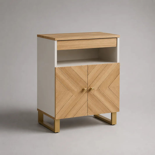 Sideboard-Kommode aus MDF mit Schublade, 2 Türen und offenem Fach, Eiche natur/Weiß/Goldfarben, 80 × 40 × 100 cm