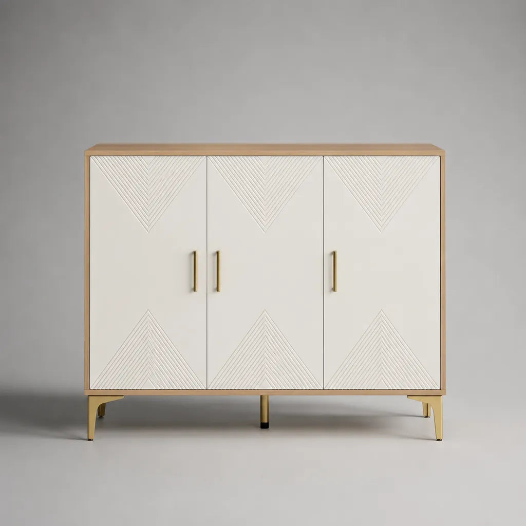 Rechteckiges Sideboard mit 3 Türen aus MDF und Spanplatte, Cremeweiß/Naturfarben/Goldfarben, 120 × 40 × 90 cm