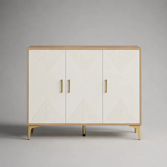 Rechteckiges Sideboard mit 3 Türen aus MDF und Spanplatte, Cremeweiß/Naturfarben/Goldfarben, 120 × 40 × 90 cm