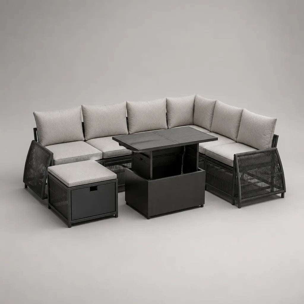 5-teilige Garten-Sitzgruppe aus Aluminium und Polyester mit L-förmigem Ecksofa, Hocker und höhenverstellbarem Tisch, Anthrazit/Hellgrau, 245 × 245 cm