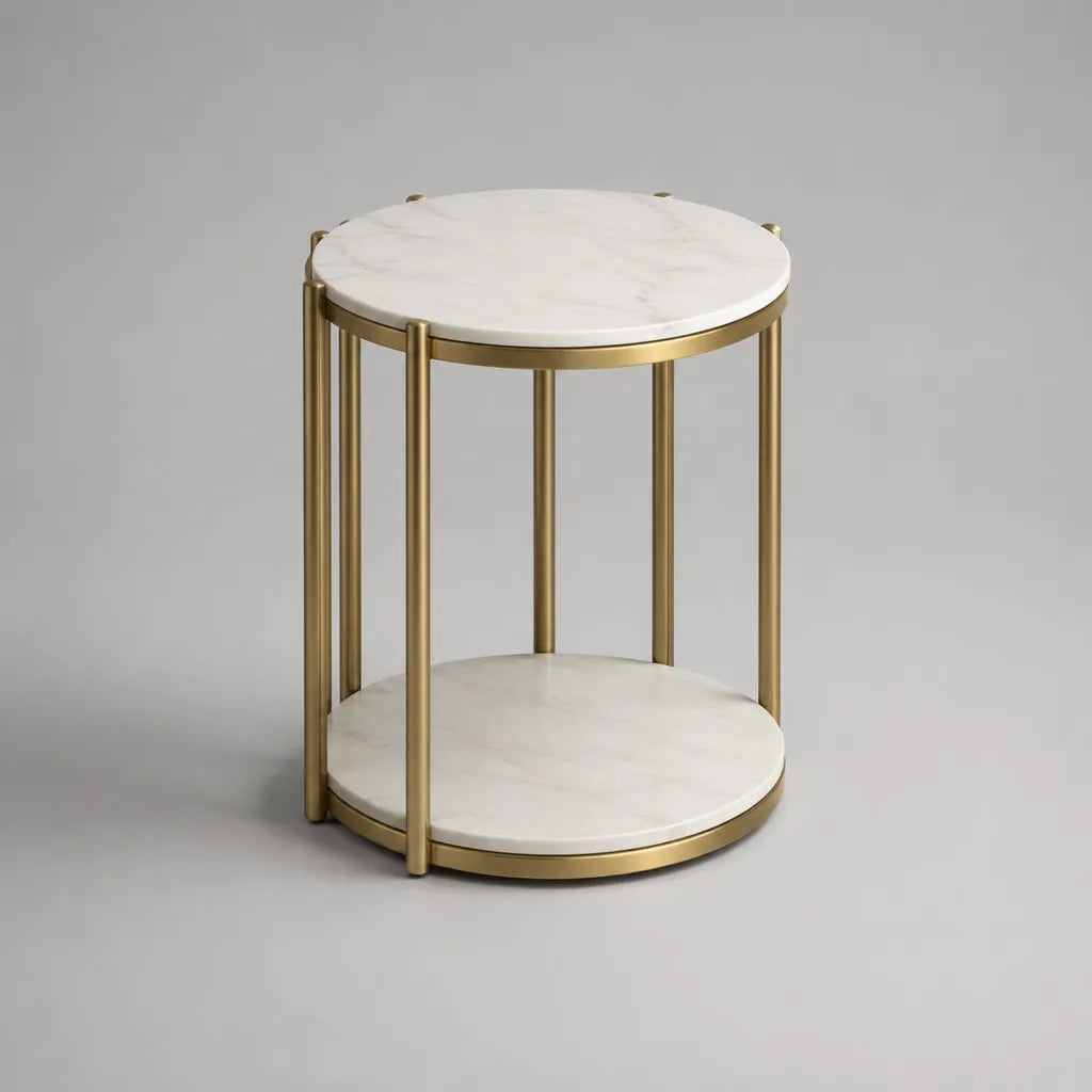 Runder Beistelltisch aus Marmor und Stahl, Weiß/Gold, Ø 45 × H 55 cm, mit 2 Ablageflächen