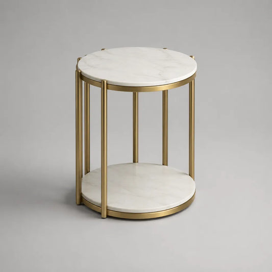 Runder Beistelltisch aus Marmor und Stahl, Weiß/Gold, Ø 45 × H 55 cm, mit 2 Ablageflächen