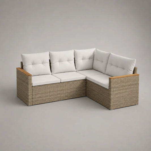 Gartensofa Ecksofa 4-Sitzer, 2-teiliges Set aus PE-Rattan mit Polyesterkissen, L-Form, Beige/Creme, 194 × 194 × 82 cm
