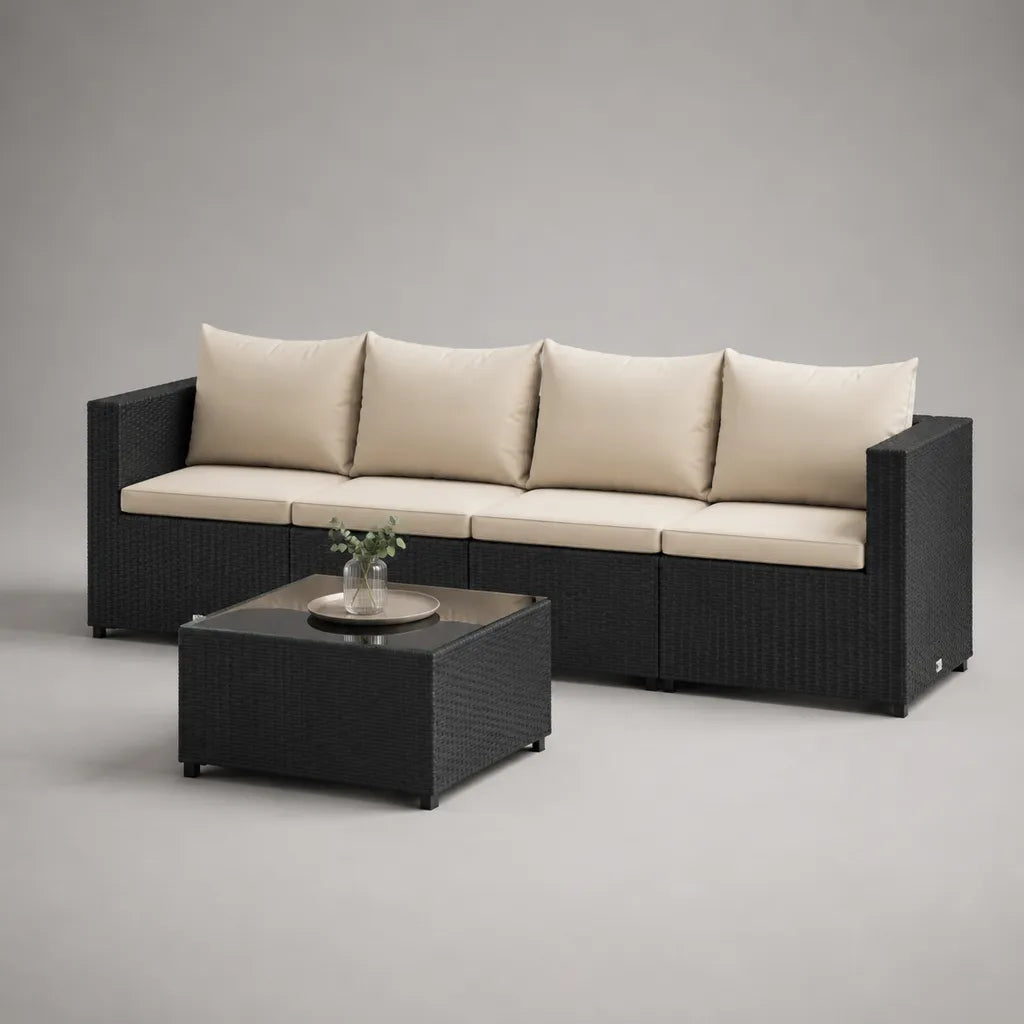 2-teiliges Gartensofa-Set für 4 Personen aus PE-Rattan und Stahl mit Polstern und Glastisch, Schwarz/Beige, Sofa 260 × 75 × 70 cm, Tisch 75 × 75 × 40 cm