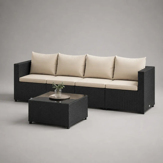 2-teiliges Gartensofa-Set für 4 Personen aus PE-Rattan und Stahl mit Polstern und Glastisch, Schwarz/Beige, Sofa 260 × 75 × 70 cm, Tisch 75 × 75 × 40 cm
